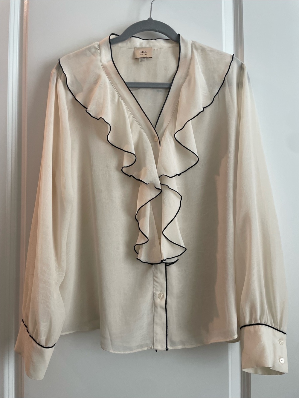 Tahari Cream Ruffle Blouse with Black Piping
